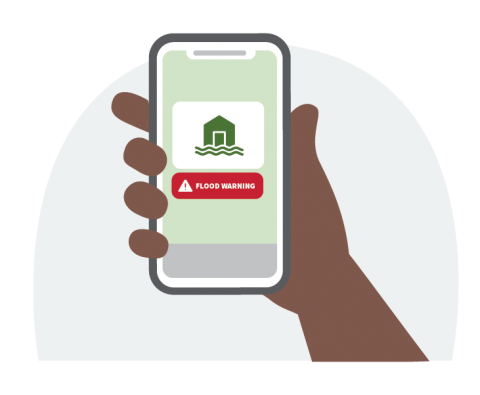 Illustration of a hand holding a smart phone with a flood warning alert.