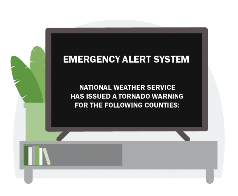 A tv shows the message: Emergency Alert System National Weather Service has issued a tornado warning for the following counties: